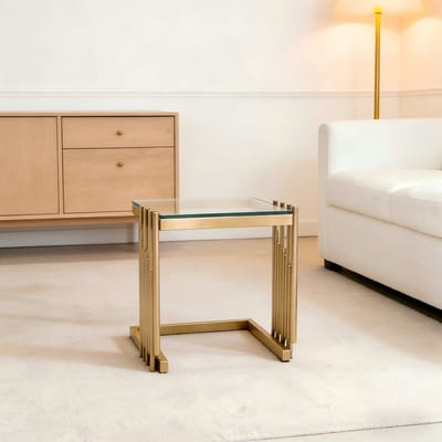 MODFU Vierkante Bijzettafel - Gehard Glas En Roestvrijstalen Frame - Modern - Voor Woonkamer Of Slaapkamer - Goudkleurig Transparant - 32 Cm