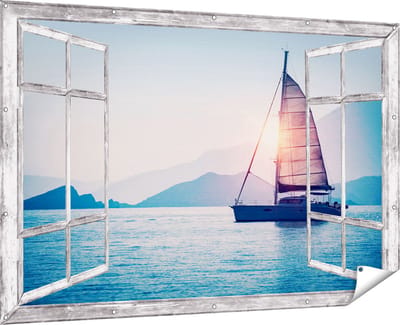 Gards Tuinposter Doorkijk Zeilboot bij Zonsondergang - 180x120 cm - Tuindoek - Tuindecoratie - Wanddecoratie buiten - Tuinschilderij