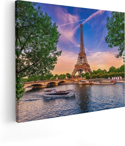 Artaza Canvas Schilderij Eiffeltoren - 100x80 cm - Groot - Wanddecoratie Parijs - Muurdecoratie Zonsondergang - Schilderijen Op Canvas Skyline