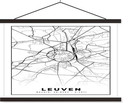 Posterhanger incl. Poster 60x40 cm - Schoolplaat - België – Leuven – Stadskaart – Kaart – Zwart Wit – Plattegrond - Textielposter - Zwarte latten - Stadskaart