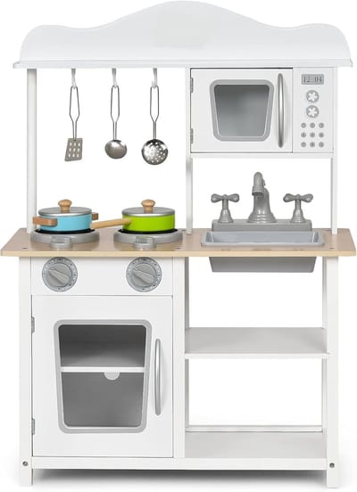 COSTWAY Kinderkeuken, speelkeuken, hout, kinderkeuken met accessoires, speelgoedkeuken, houten keuken met spoelbak, oven, magnetronfornuis en keukenset, houten keuken, hout, wit