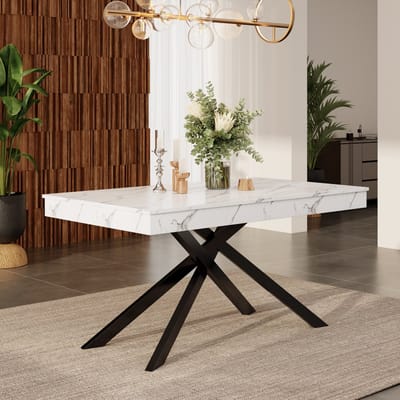 Sweiko Uitschuifbare Eettafel - 140/180 x 80 cm - Marmerlook - Versterkt tafelblad - Metalen poten - Wit