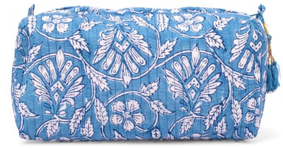 Bambooya make-up tas - Bohemian - Ibiza Style - Made in India - Tassel - blauw/wit bloemen - Small ( 17 x 12 x 7 cm )