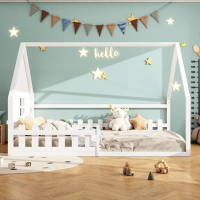 Vlak bed, 140*200 cm, kinderbed, veiligheidshekje, leuning, grenenhout, wit