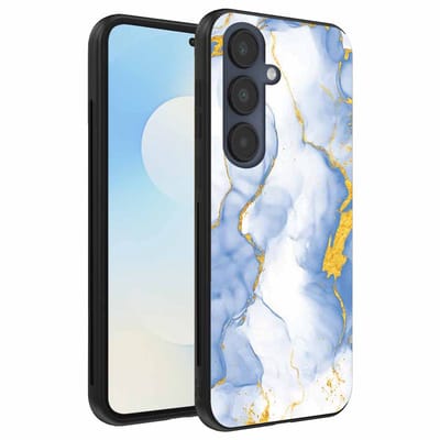 Geschikt voor Samsung Galaxy S25 FE Telefoonhoesje met Lichtblauw Goud Marmer Opdruk - TPU Backcover Case Lightblue Gold Marble Design - Smartphonica geschikt voor Samsung Galaxy S25 FE