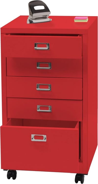 Stalen Rolcontainer met 5 Lades - Metaal Archiefkast voor Kantoor en Werkkamer - Rood