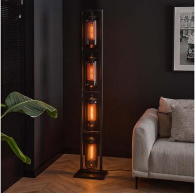 Vloerlamp met 4 Lampen in Tower Design van Smoke Glas - Geperforeerd Stalen Frame - Artic Zwart - 34x23x190 cm - Sfeervolle Verlichting - Hoogte 190 cm - Uniek Modern Design voor Woonkamer en Slaapkamer
