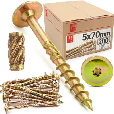 LUN FIX - Tellerkopfschroeven 5x70 - 200 stuks - TX40 Torx - Tellerkop met freestrips - Geel verzinkt - Houtschroeven