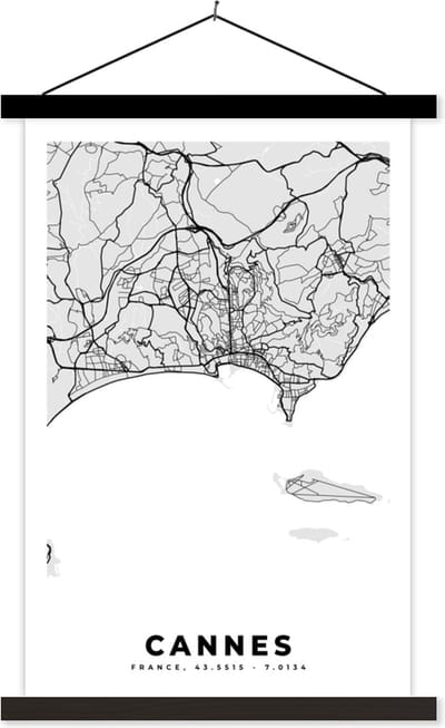 Posterhanger incl. Poster 40x60 cm - Schoolplaat - Frankrijk - Cannes - Stadskaart - Plattegrond - Kaart - Textielposter - Zwarte latten - Stadskaart