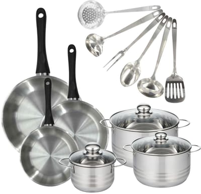 Set 3 pannen 20 24 28 cm, 3 kookpotten 16, 20 en 24 cm in roestvrij staal en 6 roestvrijstalen keukengerei Fackelmann Geneva