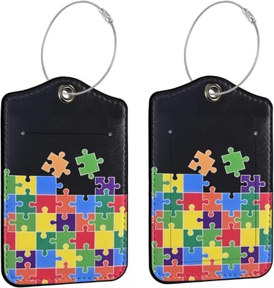 Set van 2 PU Leren Bagagelabels voor Koffers, Waterdichte Reislabels met Privacyflap en Metalen Lanyard, Ideaal voor Cruise en Handbagage, Kleurrijk Regenboogpuzzel Ontwerp