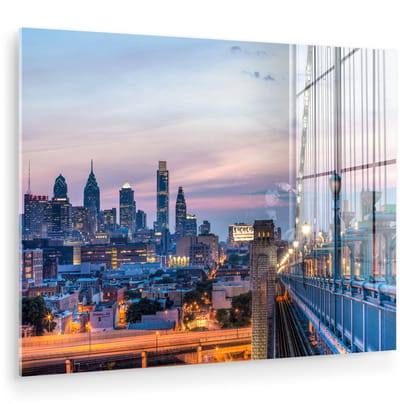 ® Glasschilderij 160x120 cm - Schilderij acrylglas - Philadelphia - Brug - Urban - Foto op glas - Muurdecoratie woonkamer - Wanddecoratie slaapkamer - Schilderijen