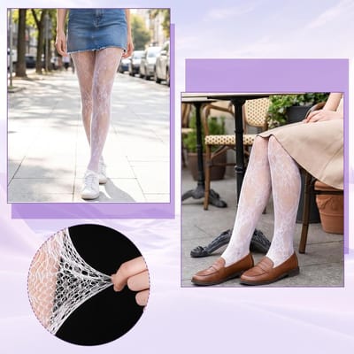 Elegante witte panty met bloemenpatroon en holle details, hoge taille netpanty voor dames, perfect voor Lolita-stijl en speciale gelegenheden