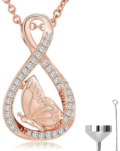Luxe Ashanger - met Ketting (55 cm) - Voor As, Haren of Parfum - Assieraad - As Ketting - Gedenksieraad - Urn - As Hanger - Incl. As vuller en Opbergzakje - Rosé Butterfly