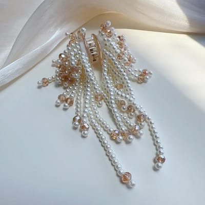 Nouvel Arrivage 2024 Luxe Léger Gland Perle d'Imitation Petite Pince à Cheveux Fait Main Cristal Tendance Goutte d'Eau Bijoux de Cheveux pour Femmes couleur champagne