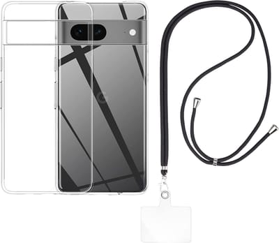 Set met hoesje en nekband voor google pixel 7 - Flexibele, transparante TPU-bescherming, verstelbare universele nekband voor mobiele telefoons, zwarte nekband, transparante draagriem van Phonillico®