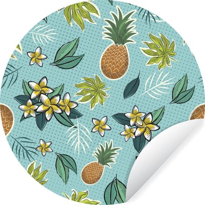 WallCircle - Muurstickers - Behangcirkel - Illustratie van een patroon met ananassen en tropische bloemen - ⌀ 120 cm - Muurcirkel - Zelfklevend - Ronde Behangsticker XXL