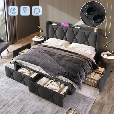 MODENUIT Gestoffeerd bed 140x200 cm – Hoofdbord met stopcontacten en USB – 4 opberglades – Linnen – Zonder matras – Grijs
