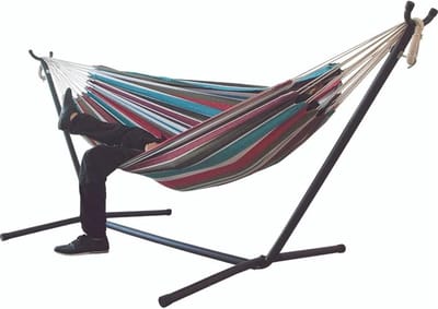 Dubbele Hangmat - Buitenhangmat Campinghangmat - Ontspannen in de Tuin - Met Stalen Standaard - 265 x 150cm - Gekleurd