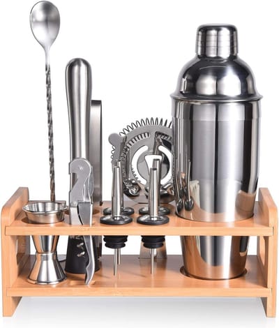 Professionele Cocktailset voor Gemengde Dranken - 12-delige Roestvrijstalen Shakerset met Bamboestandaard + Cocktailreceptenboekje