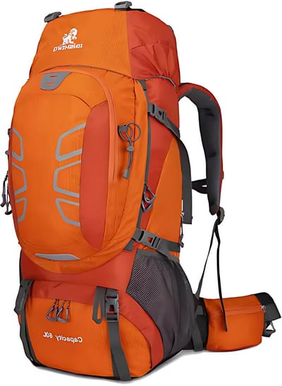 CarryQuest® - 60L Bergbeklimmen Rugzak - Weerbestendige Nylon Hiking Backpack met Extern Frame, Rugventilatie, Reflecterende Strepen, Front-/Toploader & 32x26x75 cm - Oranje