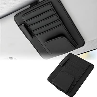 Dailygoods- Zonneklep Hoogwaardig PU-leer - Organizer - Zwart - Meerdere Vakken - 12,5 x 15,5 cm - Stevig Bandontwerp - Auto Organizer