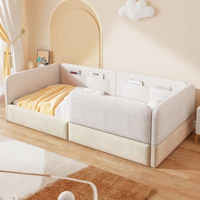 DESMIU Gestoffeerd Platformbed 90x200cm - Bed Met Beschermingsrail En Opbergtas - Voor Kinderkamer En Slaapkamer - Samt En PU - Wit - Zonder Matras
