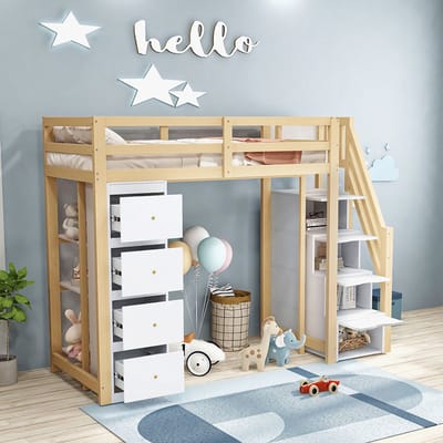 BLACKCOLORS - Hoogslaper - 90x200 cm - Met Opberglades en Meerlaagse Plank - Veilige Ladder met Opbergruimte - Multifunctioneel Massief Houten Bed - Houtkleur