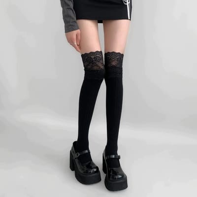 1 Paire de Chaussettes Hautes en Dentelle pour Femmes Chaussettes Hautes Lolita Dentelle en Haut Coton Longues Jambières au-dessus du Genou 35-39 black