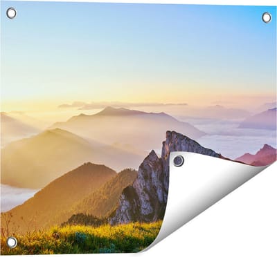 Gards Tuinposter Zonsopkomst in de Bergen in de Alpen - 50x40 cm - Tuindoek - Tuindecoratie - Wanddecoratie buiten - Tuinschilderij