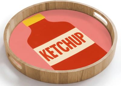 Dienblad rond 40x40 cm - Schootdienblad hout - Ketchup - Fles - Rood - Minimalistisch - Borrelplank rechthoek - Plateau houten dienbladen