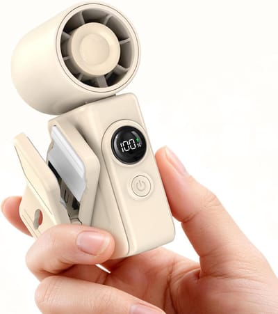Mini handventilator met clip, draagbare turbineventilator (beige) | Draaibare ventilatorkop, 4 windsnelheden, turbinesnelheid van 13500 RPM, digitaal display, oplaadbare USB-batterij van 2400 mAh