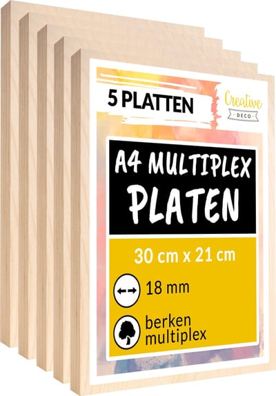 Creative Deco 5 x A4 multiplex plaat 18mm | 300 x 210 mm | berken multiplex laser-geschikt dun hout blanks | perfecte plaat voor lasergraveren, lasersnijden, fretwork, pyrografie, CNC router