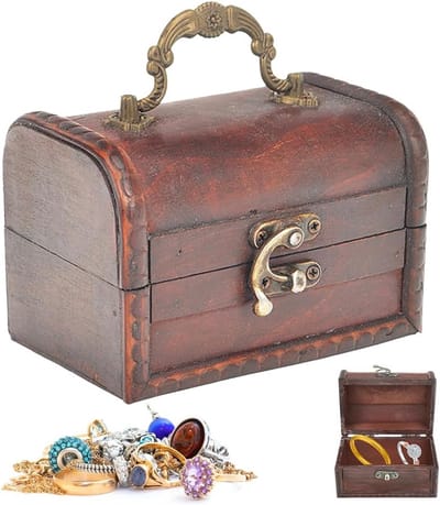 Vintage Houten Schatkist met Slot voor Opslag en Decoratie - Ideaal voor Sieraden, Speelgoed en Verzamelobjecten (12 x 8.5 x 8.5 cm)