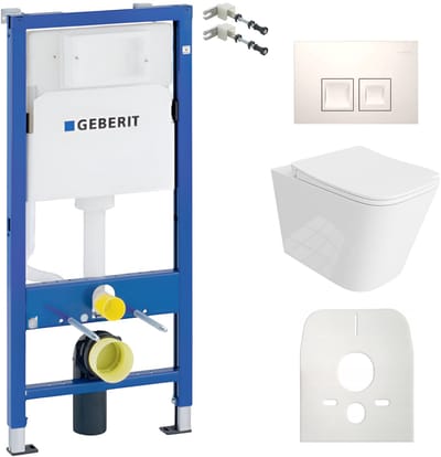 Inbouwreservoir Complete Toiletset Geberit Duofix Basic - Inbouw WC Hangtoilet Wandcloset MAIO Wit Hoogglans - Bedieningsplaat DELTA Wit - Voorwandelement - Installatiesysteem