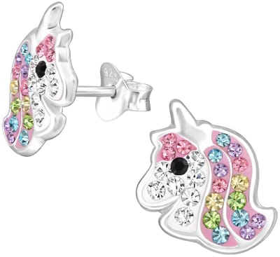 Joy|S - Zilveren eenhoorn oorbellen - roze met verschillende kleurtjes kristal - 10 x 9 mm - unicorn oorknoppen - kinderoorbellen