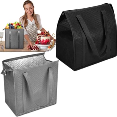 2 stuks - Geïsoleerde boodschappentas - Ritssluiting - Draagtas - Opbergtas - Verdikte aluminiumfolie tas - 30*33*18 cm - Geschikt voor het vervoeren en koelen van warme en koude gerechten -zwarte