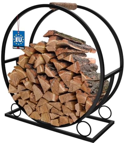 KOTARBAU® Brandhoutrek, Houtmand, Staal, 55 x 25 x 60 cm, Zwart, Rond ⌀ 60 cm, Houtkorfm met Handvat, Haardhoutrek, Haardhout Opslag, Haardhoutopslag, Decoratief