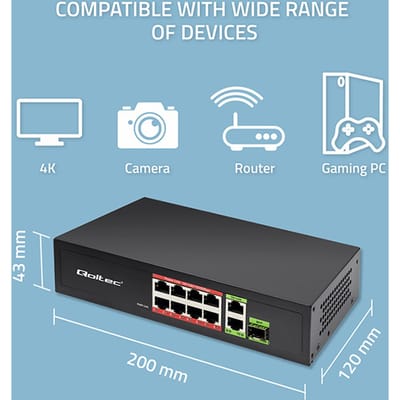 Qoltec Netwerkswitch SWITCH FAST Ethernet PoE 8x RJ45 PoE 2x RJ45 Uplink 1x SFP |   120W |   1000 Mb