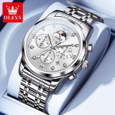 HO-3655.z : OLEVS zilverkl edelstaal chronografisch quartz horloge, zilverkl wijzerplaat, 2de tijdzone & uren & minuten & maanfase -aanduiding, diamant, zirkonia