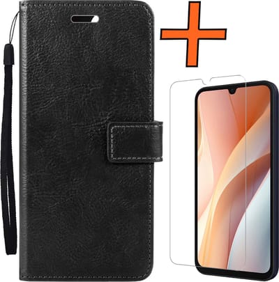 Hoes - Met Screenprotector - Geschikt voor Samsung Galaxy A15 - Luxe Pasjeshouder - Bookcase Portemonee - Flip Case - Kunstleer Book Case - Flipcase - Book Cover - Walletcase - PortemonneeHoes - Zwart