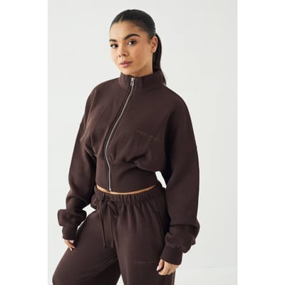 Dames DSGN Studio Sport Training Club Sweater met Getailleerde Taille en Kraag | Coffee Bean | Maat: XS