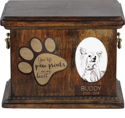 Persoonlijke urn hond voor Chinese Crested Dog met foto en asbewaring