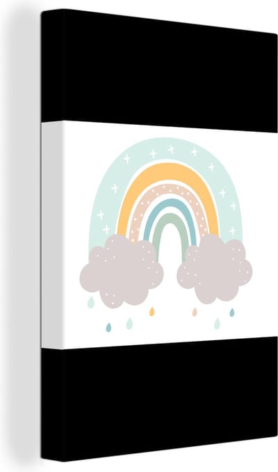 Canvas schilderij kinderen - Kinderkamer decoratie - Regenboog - Pastel - Kinderen - Wolken - Slaapkamer decoratie - Canvas doek kids - 160x120 cm