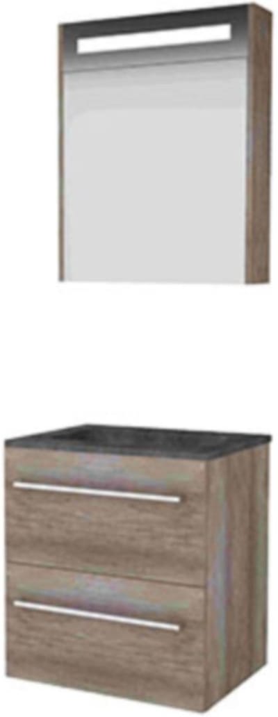 Basic-Line Comfort 46 Badkamermeubelset - 60 x 46 cm - Met Grepen - 2 Lades - Hardstenen Wastafel - 1 Kraangat - Spiegelkast - Scotch Oak