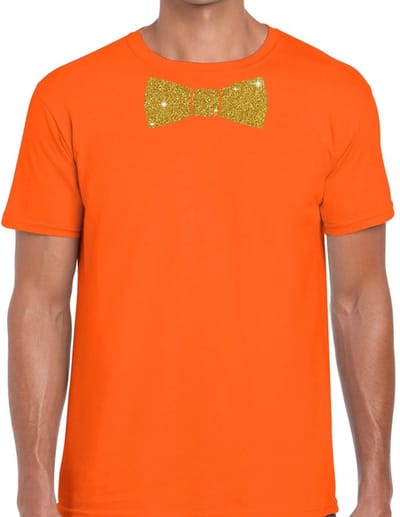 Oranje fun t-shirt met vlinderdas in glitter goud heren S