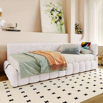 Wishdor – Daybed 90x200 cm – Hydraulische opbergruimte, led, USB & Type-C – Vliesimitatie – Wit – Geometrische stijl met slimme opbergruimte