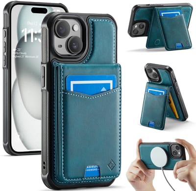 Casemania Hoesje Geschikt voor Apple iPhone 15 - Emerald Green - Geschikt voor MagSafe - Back Cover met Afneembare Magnetische Pasjeshouder met Standaard - Telefoonhoesje en Kaarthouder
