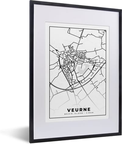 Fotolijst incl. Poster Zwart Wit- België – Veurne – Stadskaart – Kaart – Zwart Wit – Plattegrond - 30x40 cm - Posterlijst