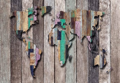Fotobehang World Map Wood Planks | XL - 208cm x 146cm | 130g/m2 Vlies